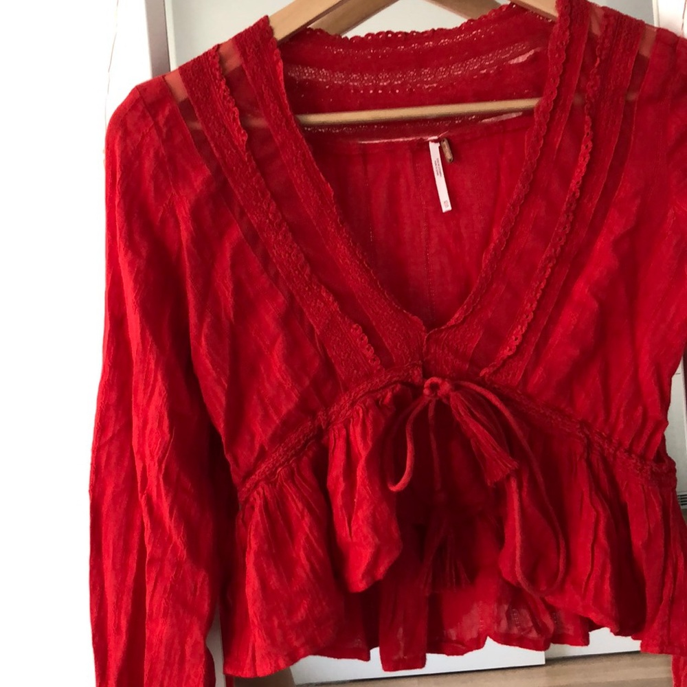 Free people red lac& crochet boho tassel crop top